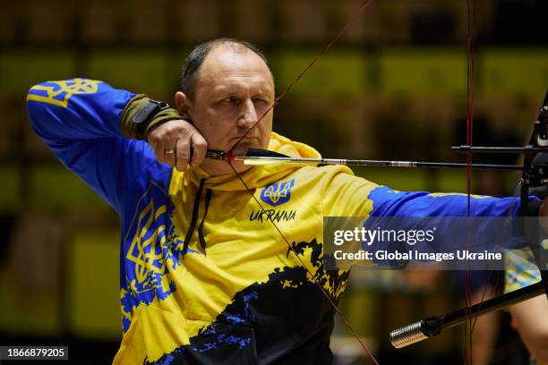 Ukrainian Invictus athlete takes part in the qualifying competition in target archery for the United Air Force Trials 2024 on December 14, 2023 in...