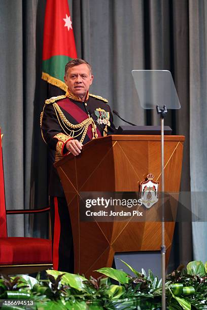 Jordanian King Abdullah II addresses the audience during the throne opening ceremony of the first ordinary session of the 17th Parliament on November...