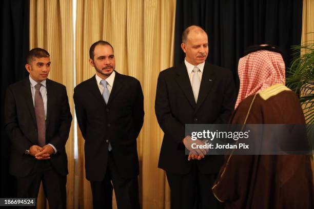 Jordanian Prince Rashed Bin Al Hassan, Prince Ali Bin Al Hussein and Prince Faisal Bin Al Hussein attend during the throne opening ceremony of the...