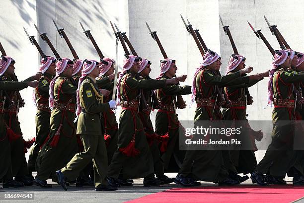 Jordanian honour guard take place during the throne opening ceremony of the first ordinary session of the 17th Parliament on November 3, 2013 in...