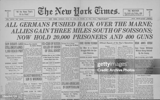 Copy of The New York Times newspaper with the headline 'All Germans pushed back over the Marne' printed during World War One, United States of...