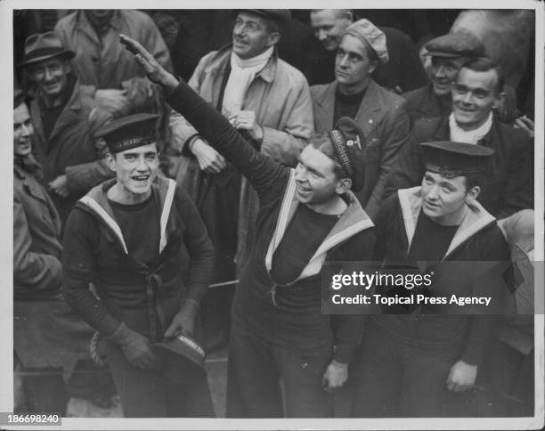 Destroyer 'Cossack' arriving in Leith with the rescued sailors from the German ship the 'Altmark' during World War Two, Great Britain, February 18th...