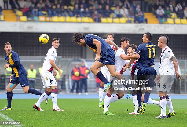 Luca Toni of Hellas Verona FC scores the first goal during the Serie A match between Hellas Verona FC and Cagliari Calcio at Stadio Marc'Antonio...