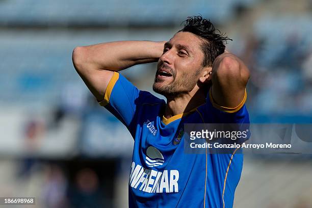 Ciprian Marica of Getafe CF reacts as he fail to score during the La Liga match between Getafe CF and Valencia CF at Coliseum Alfonso Perez on...