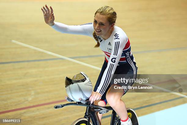 Laura Trott of Great Britain celebrates winning the the Women's Omnium on day three of the UCI Track Cycling World Cup at Manchester Velodrome on...