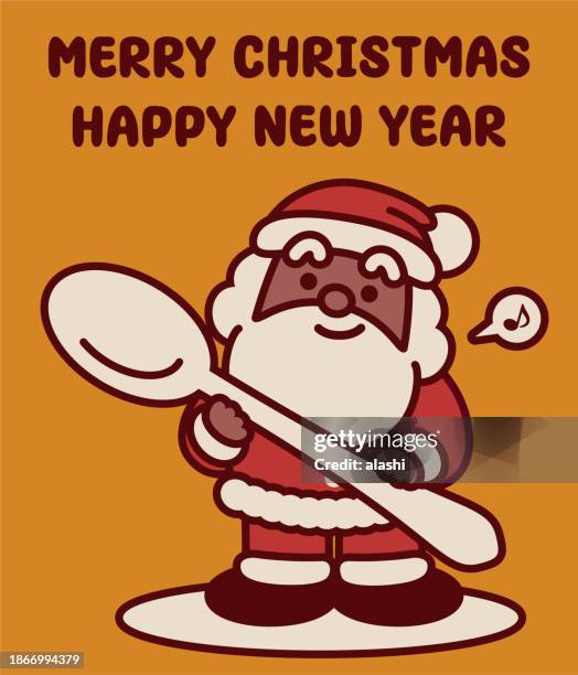 adorable black santa claus holding a big spoon ready to enjoy christmas dinner, wishing you a merry christmas and a happy new year - breakfast with view stock illustrations