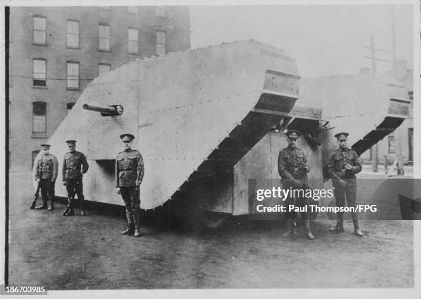 Canadian tank, modeled after a similar British model, used in World War One, circa 1914-1918.