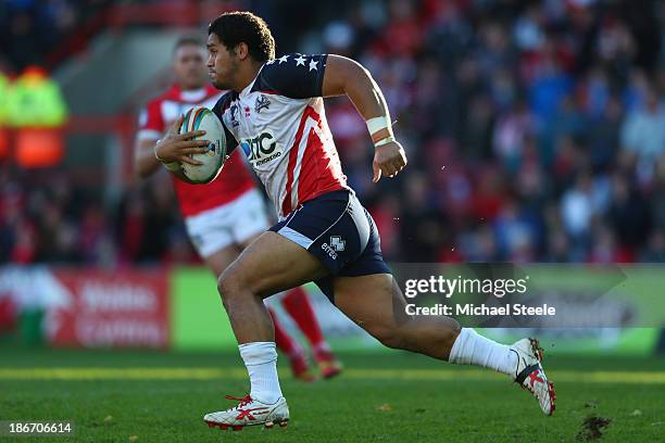 Bureta Faraimo of USA during the Rugby League World Cup Group D match between Wales and USA at the Glyndwr University Racecourse Stadium on November...