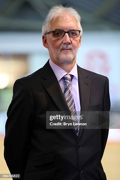 President of the Union Cycliste Internationale, Brian Cookson OBE, looks on as he awaits a podium ceremony on day three of the UCI Track Cycling...