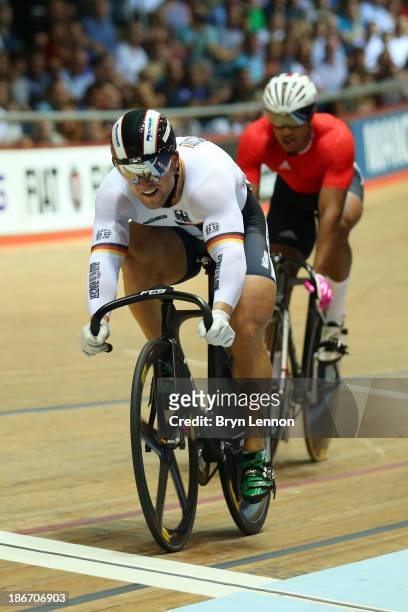 Robert Forstemann of Germany beats Njisane Nicholas Phillip of Trinidad and Tobago during the Men's Sprint Final on day three of the UCI Track...