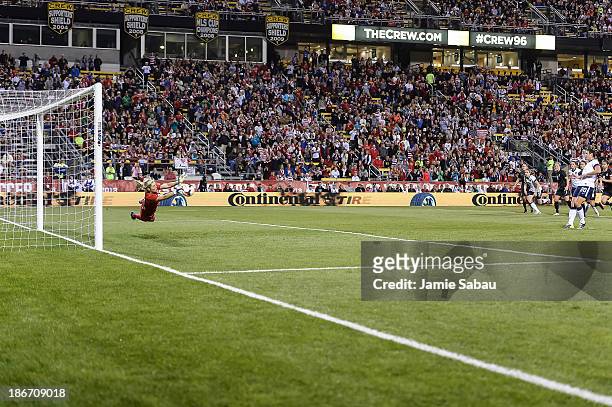 Goalkeeper Erin Nayler of the New Zealand Women's National Team stops a penalty kick from Abby Wambach of the US Women's National Team at Columbus...