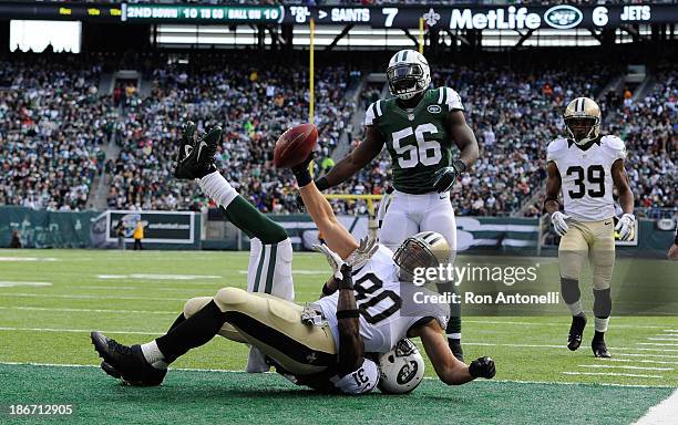 Tight end Jimmy Graham of the New Orleans Saints touchdown catch in the 2nd quarter against the New York Jets at MetLife Stadium on November 3, 2013...