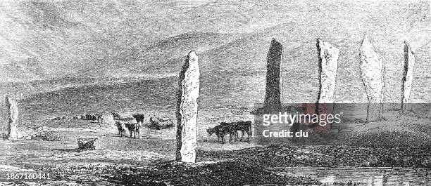 the standing stones of stenness, neolithic henge monument located on the island of mainland of orkney - neolithic stock illustrations