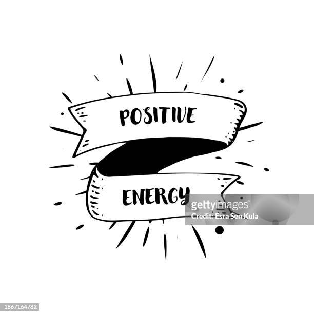 a hand-drawn ribbon banner is incorporated into a sunburst illustration design, featuring the text positive energy. this illustration is vector-based and set on a white background. - health motivational quotes stock illustrations