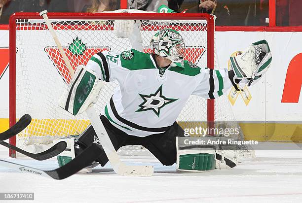 Kari Lehtonen of the Dallas Stars makes a glove save against the Ottawa Senators at Canadian Tire Centre on November 3, 2013 in Ottawa, Ontario,...