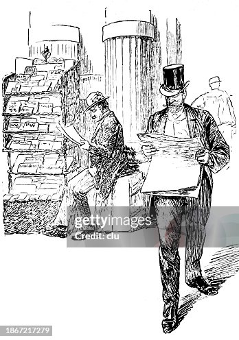 At a newspaper kiosk: Man reading a just bought newspaper At a newspaper kiosk: Man reading a just bought newspaper