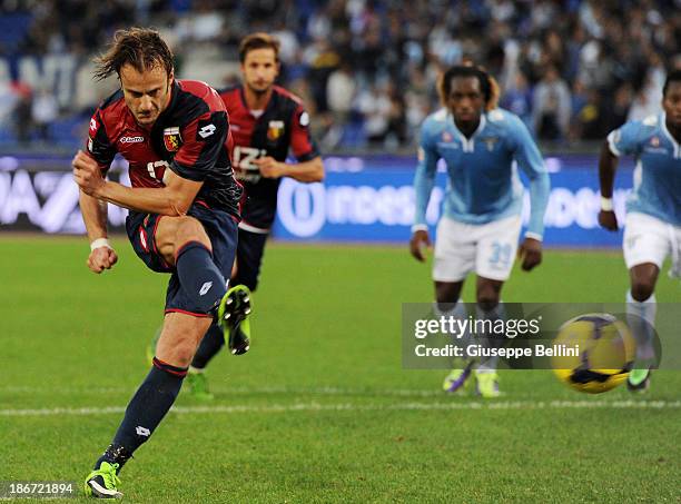 Alberto Gilardino of Genoa scores their second goal from the penalty spot during the Serie A match between S.S. Lazio and Genoa CFC at Stadio...