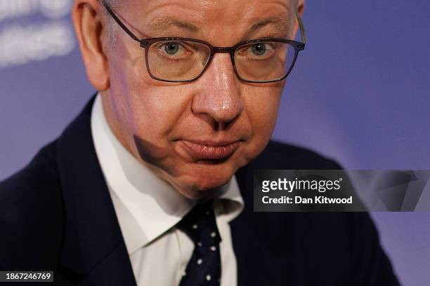 Levelling up secretary Michael Gove delivers a speech on planning policy at RIBA on December 19, 2023 in London, England. UK's Levelling Up Secretary...