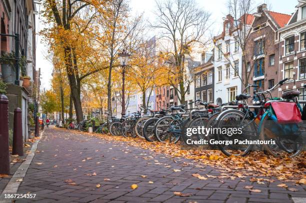 bicycles on a street in amsterdam, the netherlands during autumn - amsterdam sunrise stock pictures, royalty-free photos & images