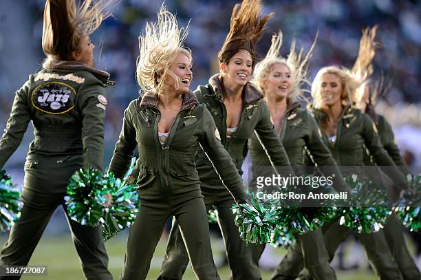New York Jets Flight Crew cheerleaders perform in the 2nd half of the Jets 26-20 win over the New Orleans Saints at MetLife Stadium on November 3,...