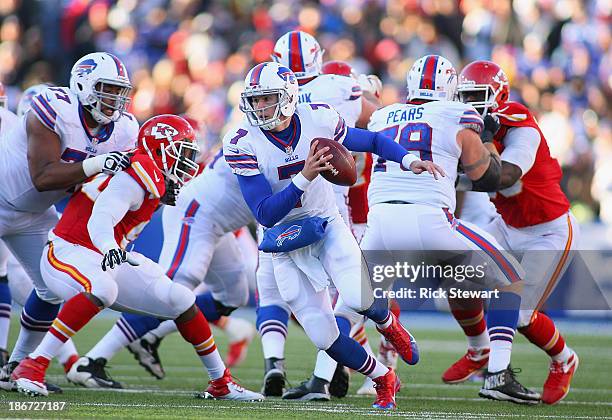 Jeff Tuel of the Buffalo Bills moves out of the pocket against the Kansas City Chiefs at Ralph Wilson Stadium on November 3, 2013 in Orchard Park,...