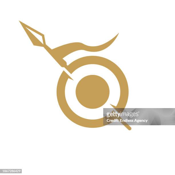 spartan spear in circle shield shape icon vector illustration. - military insignia stock illustrations