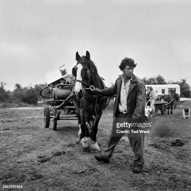 Man leads a horse and loaded cart away during an eviction of a camp of travellers in Strood, Kent, England, 3rd September 1964. Strood Rural Council...