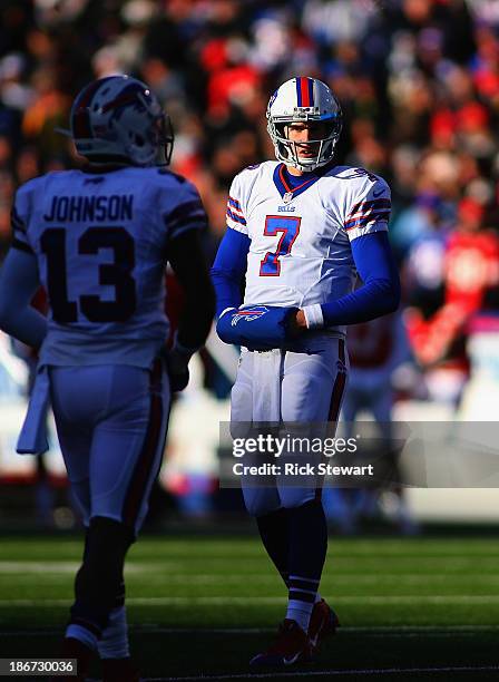 Jeff Tuel of the Buffalo Bills waits during a timeout against the Buffalo Bills at Ralph Wilson Stadium on November 3, 2013 in Orchard Park, New...