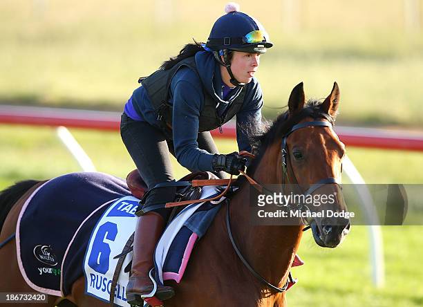 Samantha Cobley rides Ruscello during trackwork ahead of the Melbourne Cup at Werribee Racecourse on November 4, 2013 in Melbourne, Australia.