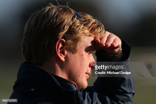 Trainer of Ruscello, Ed Walker, looks ahead during trackwork ahead of the Melbourne Cup at Werribee Racecourse on November 4, 2013 in Melbourne,...