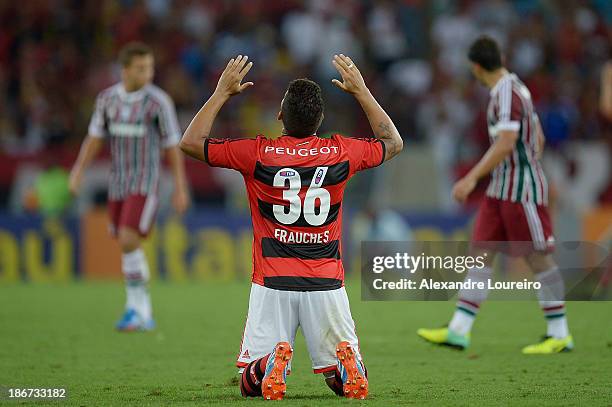 Frauches of Flamengo reacts after victory in match between Flamengo and Fluminense for Brazilian Serie A 2013 at Maracana on November 3, 2013 in Rio...
