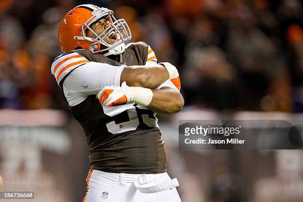 Defensive end Armonty Bryant of the Cleveland Browns after a sack during the second half against the Baltimore Ravens at FirstEnergy Stadium on...