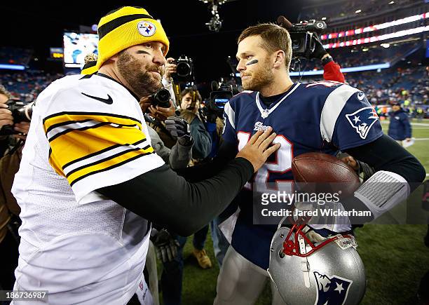 Ben Roethlisberger of the Pittsburgh Steelers greets Tom Brady of the New England Patriots following the game at Gillette Stadium on November 3, 2013...
