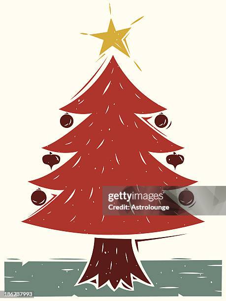 illustrazioni stock, clip art, cartoni animati e icone di tendenza di albero di natale - linoleografia