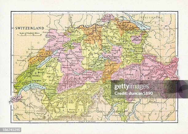 antique map of switzerland - fribourg canton stock illustrations