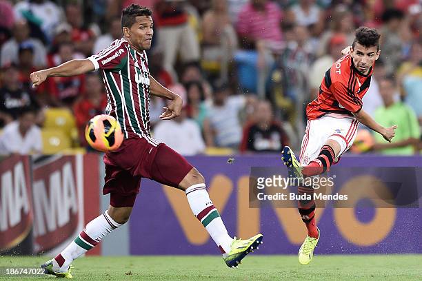 Rafinha of Flamengo struggles for the ball with a Anderson of Fluminense during a match between Flamengo and Fluminense as part of Brazilian Serie A...