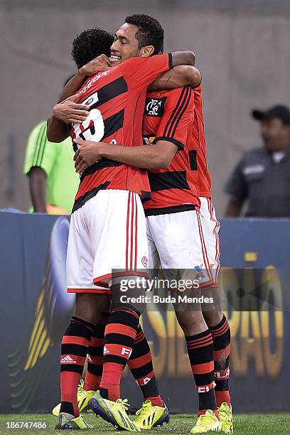 Luis Antonio, Hernane and Digo of Flamengo celebrate a scored goal against Fluminense during a match between Flamengo and Fluminense as part of...