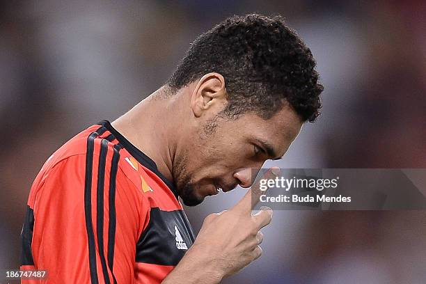 Hernane of Flamengo laments after lost a goal during a match between Flamengo and Fluminense as part of Brazilian Serie A 2013 at Maracana Stadium on...