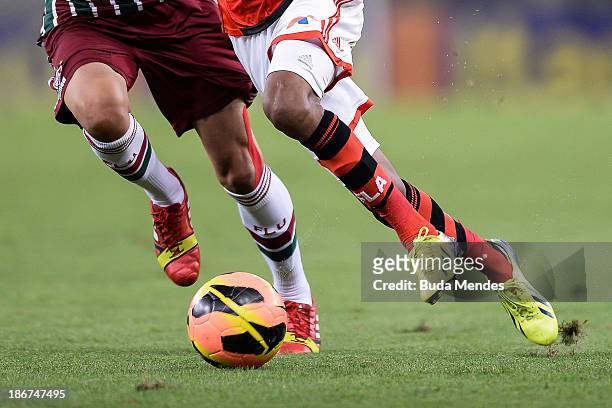 Gabriel of Flamengo struggles for the ball with a Bruno of Fluminense during a match between Flamengo and Fluminense as part of Brazilian Serie A...