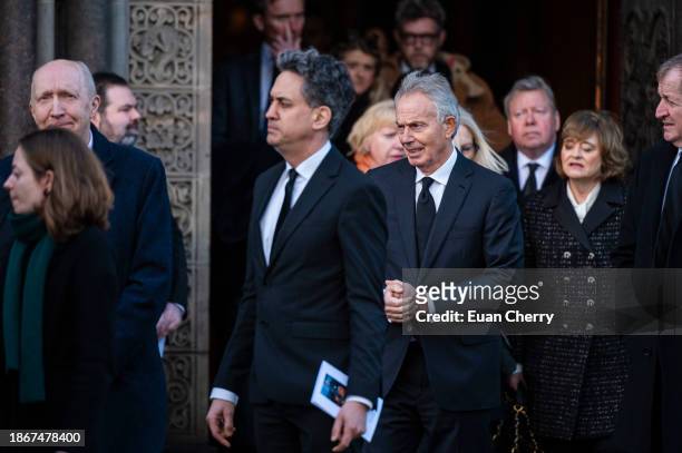 Sir Tony Blair, former British Prime Minister and Ed Miliband, Shadow Secretary of State for Energy Security and Net Zero attend the memorial service...