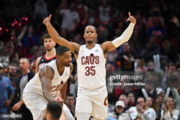 Isaac Okoro of the Cleveland Cavaliers celebrates during the third quarter against the Houston Rockets at Rocket Mortgage Fieldhouse on December 18,...