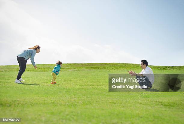 family enjoying day out in the grass - しゃがむ ストックフォトと画像