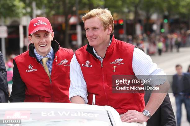 Jockey Chad Schofield and trainer of Ruscello, Ed Walker, look ahead during the 2013 Melbourne Cup Parade on November 4, 2013 in Melbourne, Australia.