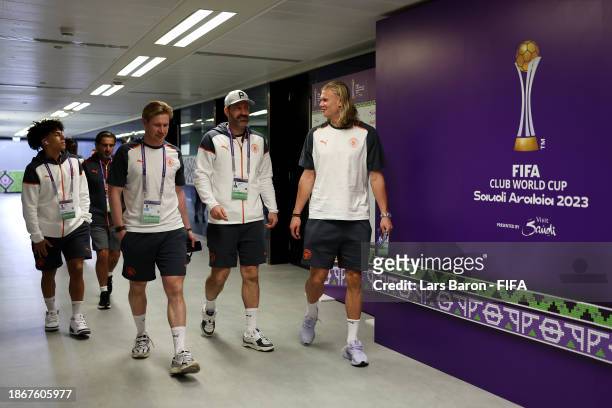 Kevin De Bruyne, Scott Carson and Erling Haaland of Manchester City arrive at the stadium prior to the FIFA Club World Cup Saudi Arabia 2023...