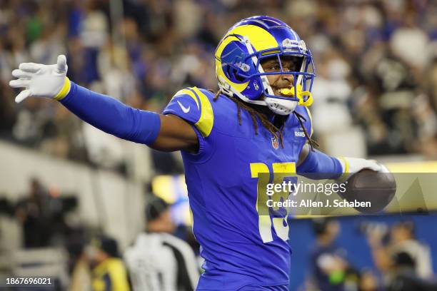 Inglewood, CA Los Angles Rams wide receiver Demarcus Robinson celebrates a touchdown during play against the New OrleansSaints at SoFi Stadium in...