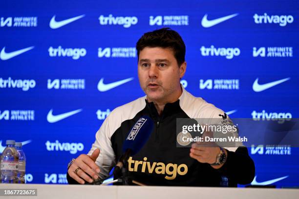 Head Coach Mauricio Pochettino of Chelsea during a press conference at Chelsea Training Ground on December 22, 2023 in Cobham, England.