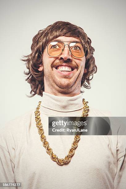 happy retro seventies man - gold chain necklace stock pictures, royalty-free photos & images