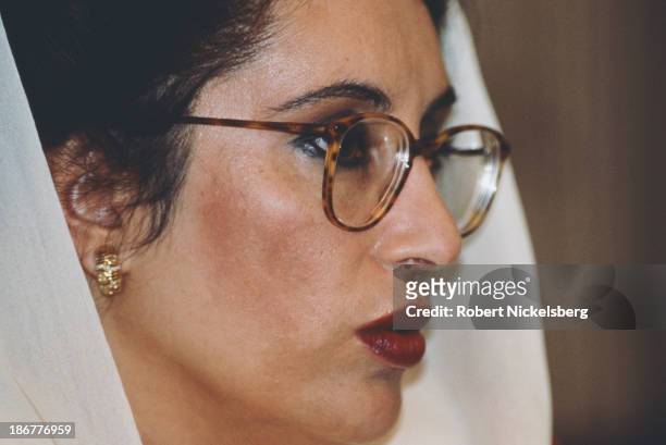 Pakistani politician, stateswoman, and 11th Prime Minister of Pakistan, Benazir Bhutto , Islamabad, Pakistan, circa 1991.