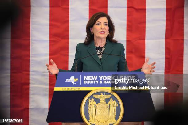 New York Gov. Kathy Hochul speaks during a press conference and signing of legislation creating a commission for the study of reparations in New York...
