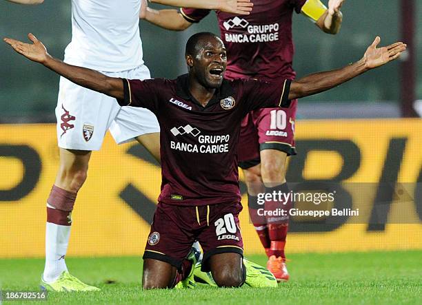 Innocent Emeghara of Livorno in action during the Serie A match between AS Livorno Calcio v Torino FC at Stadio Armando Picchi on October 30, 2013 in...